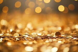 d'oro monete su bokeh sfondo. finanza e bancario concetto, d'oro coriandoli su bokeh sfondo. festivo decorazione, ai generato foto
