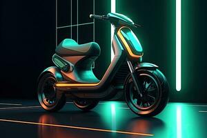 3d interpretazione di un' classico scooter nel neon leggero su un' buio sfondo, generico elettrico scooter, futuristico mobilità soluzione per città. sostenibile mezzi di trasporto soluzioni, ai generato foto