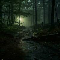 panoramico Visualizza di un' buio e misterioso foresta la creazione di un atmosfera di suspense. ai generativo foto