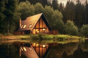 elegante glamping tenda annidato di un' lago nel un' foresta, generativo ai foto