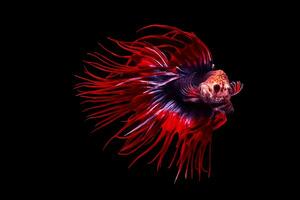 bellissimo movimento di rosso blu betta pesce, fantasia mezza luna betta, il in movimento momento bellissimo di siamese combattente pesce, betta splendens, ritmico di betta pesce su nero sfondo. foto