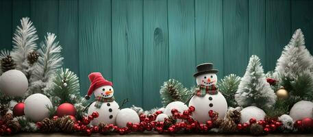 ai generativo, Natale inverno con pupazzo di neve su un' paesaggio sfondo foto