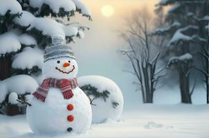 ai generativo, Natale inverno con pupazzo di neve su un' paesaggio sfondo foto