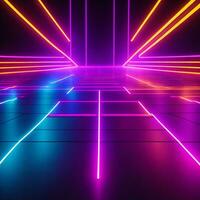 astratto neon luci sfondo con laser raggi, e raggiante Linee palcoscenico. ai generato. foto