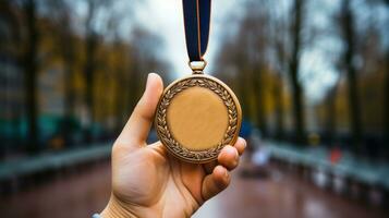 oro medaglia nel il mani di un' uomo su il sfondo di il città. foto