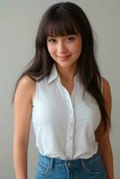 avvicinamento giovane bellissimo donna sorridente e indossare bianca camicia su grigio background.generative ai. foto