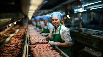 femmina personale Lavorando a carne fabbrica. donna tritato un' fresco Manzo carne nel pezzi su metallo opera tavolo, industria di in lavorazione cibo. foto