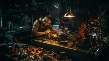 maestro gioielliere Lavorando su un' prezioso metallo nel il suo laboratorio a notte. foto