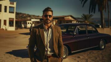 bello uomo con occhiali da sole e un' classico Vintage ▾ auto su il spiaggia. foto