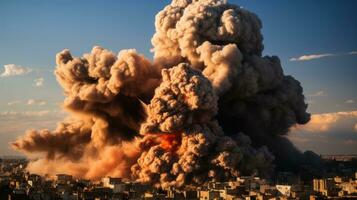 grande esplosione di un' edificio di il città di rafa nel il meridionale gaza striscia. il concetto di disastro. Israele e Palestina guerra concetto. foto