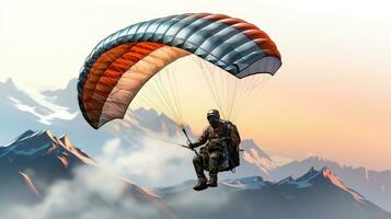 parapendio volante nel il cielo. salutare attivo stile di vita e estremo sport creativo concetto. maschio persona paracadute volante nel montagne illustrazione. foto