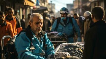 palestinesi emergenza ricerca un' persone ferito dopo un israeliano aria colpire, nel il città di rafah, Sud di il gaza striscia. Israele e Palestina guerra concetto. foto