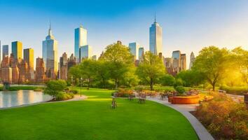 centro Manhattan con il poco isola pubblico parco nel nuovo York città a Alba. ai generato. foto