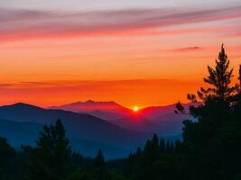 tramonto e sagome con alberi nel il montagne. ai generato. foto