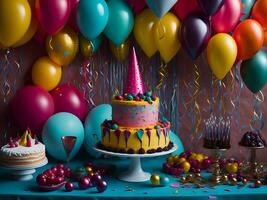 compleanno celebrazione con colorato palloncini, un' torta, e un' luccicante ricoperto di coriandoli sfondo ai creare foto