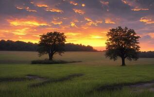 erboso paesaggio con un' albero e nuvola di pioggia con un' bellissimo tramonto. ai generato. foto