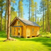 di legno fascio log Casa in mezzo il lussureggiante foresta. ai generato. foto