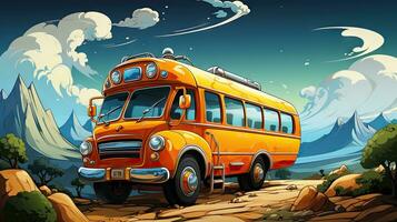 illustrazione di un' scuola autobus nel un' deserto con montagne nel il sfondo. foto