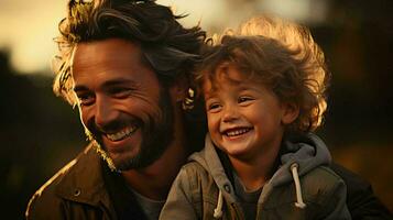 ai-generato padre e figlio Sorridi e ridere con gioia, padre abbracci il suo figlio, concetto di paterno amore e formazione scolastica foto