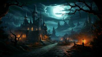 ai-generato castello e zucche con pauroso facce a notte nel il foresta per il vacanza di Halloween foto