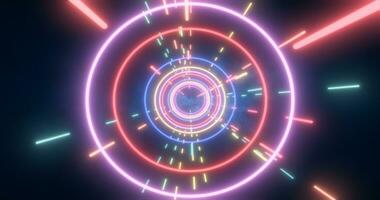 astratto multicolore energia futuristico hi-tech tunnel di volante cerchi e Linee neon Magia raggiante sfondo foto