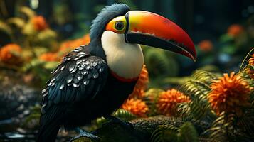 ai-generato bellissimo pappagallo con un' grande becco nel un' tropicale giungla uccello foto