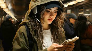 ai-generato bellissimo giovane donna con un' libro nel sua mani nel un' metropolitana macchina. avvicinamento di un' donna di viso foto