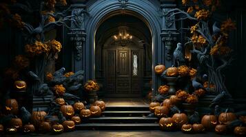 ai-generato porta decorato per Halloween con decorazioni di zucche e candele foto