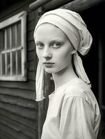 resiliente bellezza giovane donna con foulard, ragazza con un' perla orecchino stile, grande depressione era generativo ai foto