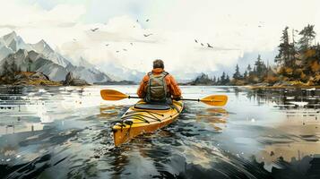 ai-generato uomo è kayak su il lago. il concetto di attivo turismo e viaggio. Visualizza a partire dal il indietro foto