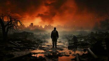 ai-generato uomo sta su il rovine durante un' fuoco dopo il combattente nel il guerra, il Visualizza a partire dal il indietro foto