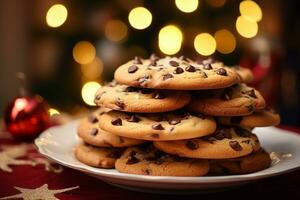 un' pila di d'oro Marrone cioccolato patata fritta biscotti su un' semplice bianca piatto, evidenziazione loro prelibatezza e il gioia di condivisione tratta. ai generato. foto