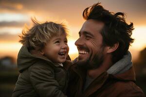 un' padre e un' poco figlio ridendo insieme con la gioia, caldo d'oro ora illuminazione. ai generato. foto