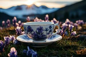 un' solitario antiquariato tazza di tè dipinto con minuscolo viola alpino fiori si siede nel il mezzo di un' prato prospiciente snow-capped picchi, Alba luce, ai generato. foto