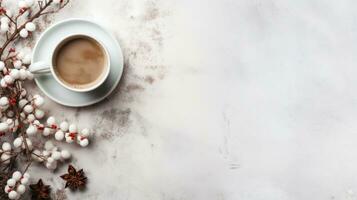 accogliente inverno sfondo con tazza di cacao con spazio per testo foto