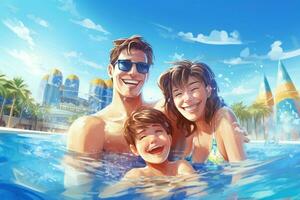 contento famiglia nuoto nel acqua parco piscina. creare ai foto