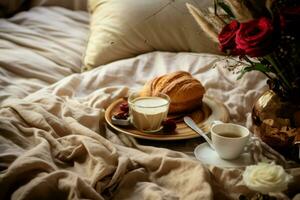 delizioso dolce prima colazione con caffè su letto. creare ai foto