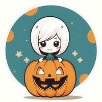carino chibi ragazza su superiore di zucca Halloween etichetta cartone animato illustrazione stile foto