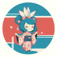 carino kawaii chibi anime ragazza etichetta carino giapponese yukata chimono semplice colorato sfondo foto