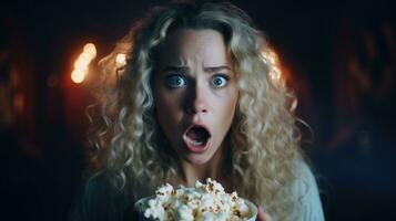 il spaventato viso di un' donna Guardando un' orrore film. Tenere Popcorn foto