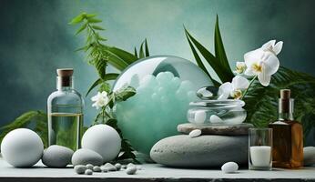 ai generato zen bellezza salutare rilassamento aromaterapia benessere trattamento natura massaggio sfondo cura aroma bottiglia verde Salute terme concetto terapia foto