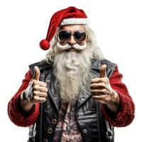 ai generativo divertente Santa Claus motociclista. nel un' pelle giacca e occhiali da sole. isolato su bianca foto