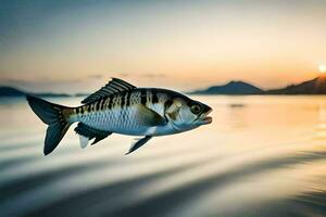 un' pesce è volante al di sopra di il acqua a tramonto. ai-generato foto