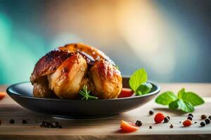 un' pollo su un' piatto con erbe aromatiche e spezie. ai-generato foto