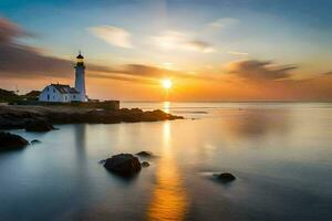 un' faro è visto a tramonto nel il oceano. ai-generato foto