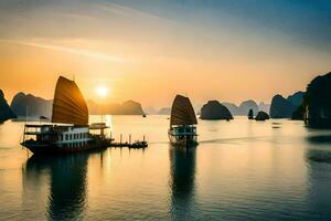 halong baia, Vietnam, tramonto, Barche, tramonto, Vietnam, hal. ai-generato foto