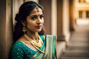un' bellissimo indiano donna indossare un' sari e oro gioielleria. ai-generato foto