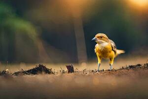 un' giallo uccello in piedi su il terra nel il sole. ai-generato foto