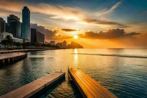 il sole imposta al di sopra di il città orizzonte nel miami. ai-generato foto