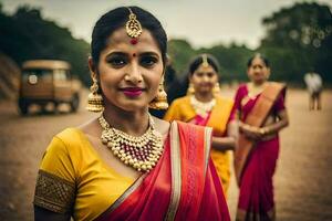un' donna nel un' sari con oro gioielleria. ai-generato foto
